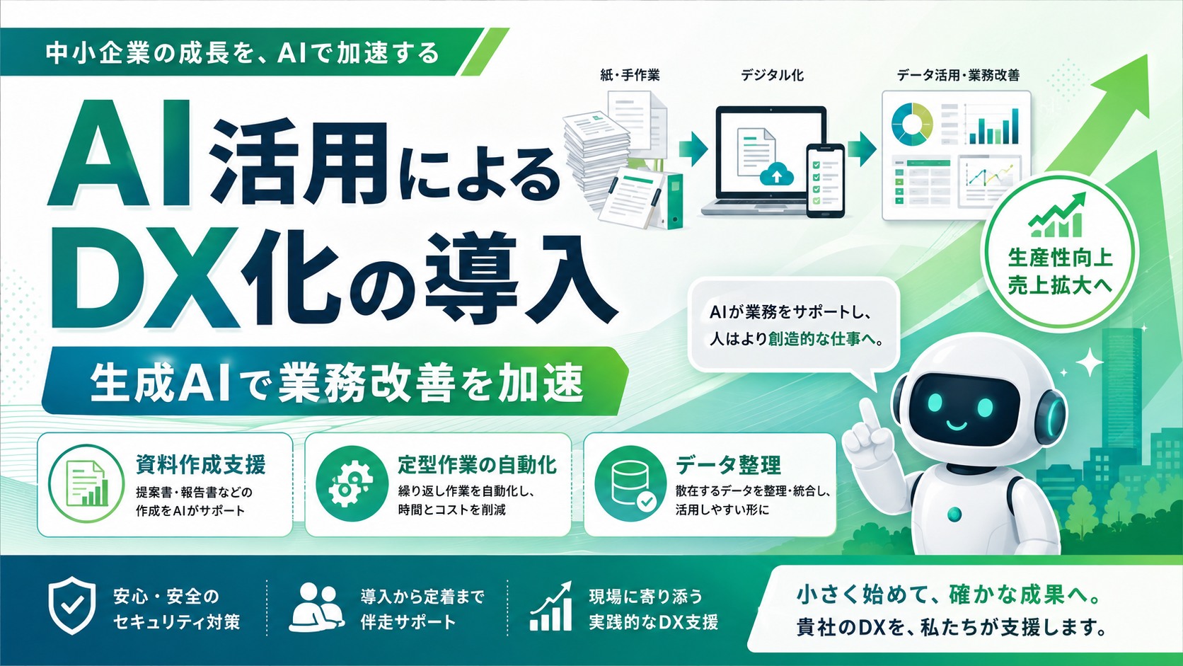 生成AIで資料作成、定型作業、データ整理を効率化し、AIを活用したDX化を支援するイメージ