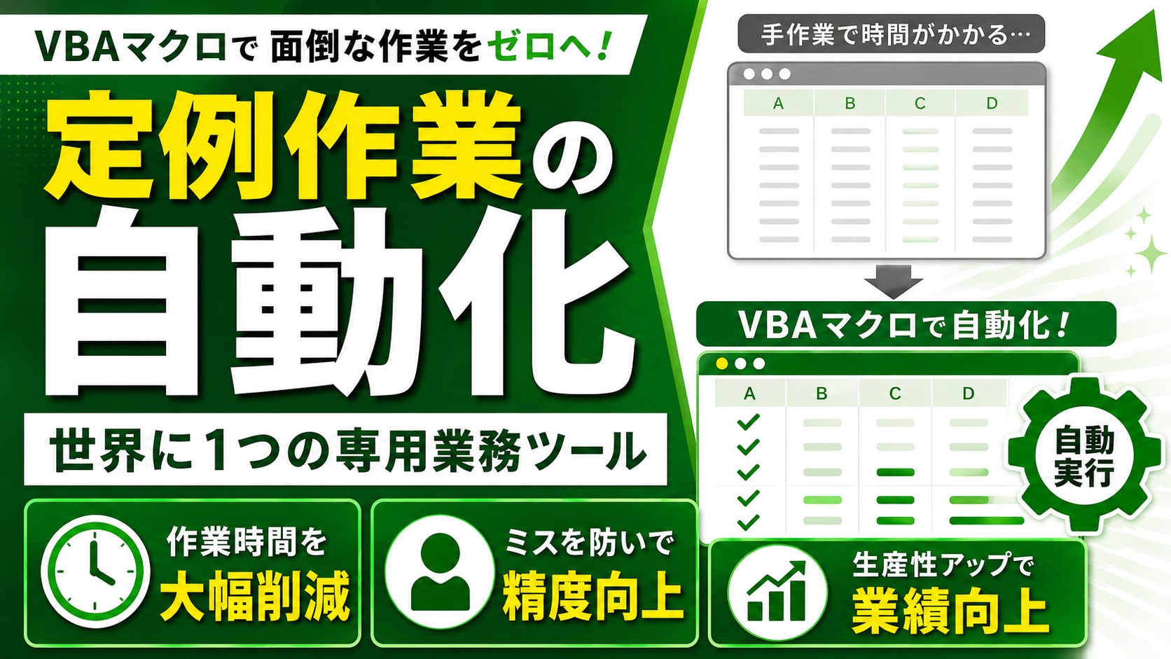 VBAマクロで定例作業を自動化し、作業時間の削減、精度向上、生産性向上を実現するイメージ
